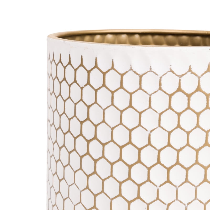 Honeycomb White Planter Pot With Ambrose Gold Metal Planter Base - (Small & Medium Set)