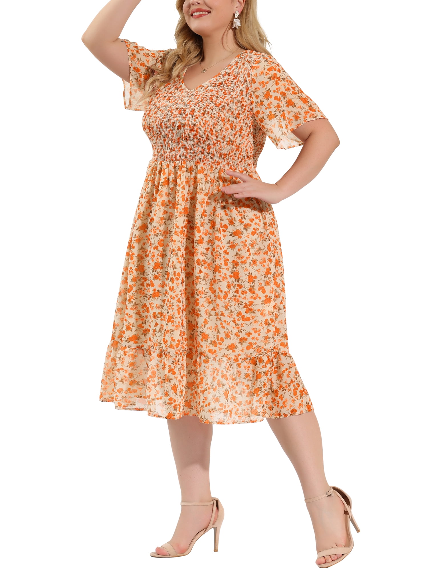 DARING DIVA Plus Size Elegant Floral Outfits Flare Midi Dress 4X White