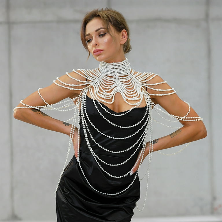 GENEMA Women Multi Layered Simulated Pearl Bib Necklace Collar Beaded  Tassel Faux Leather Shoulder Chain Bra Top Body Jewelry for Wedding Dress