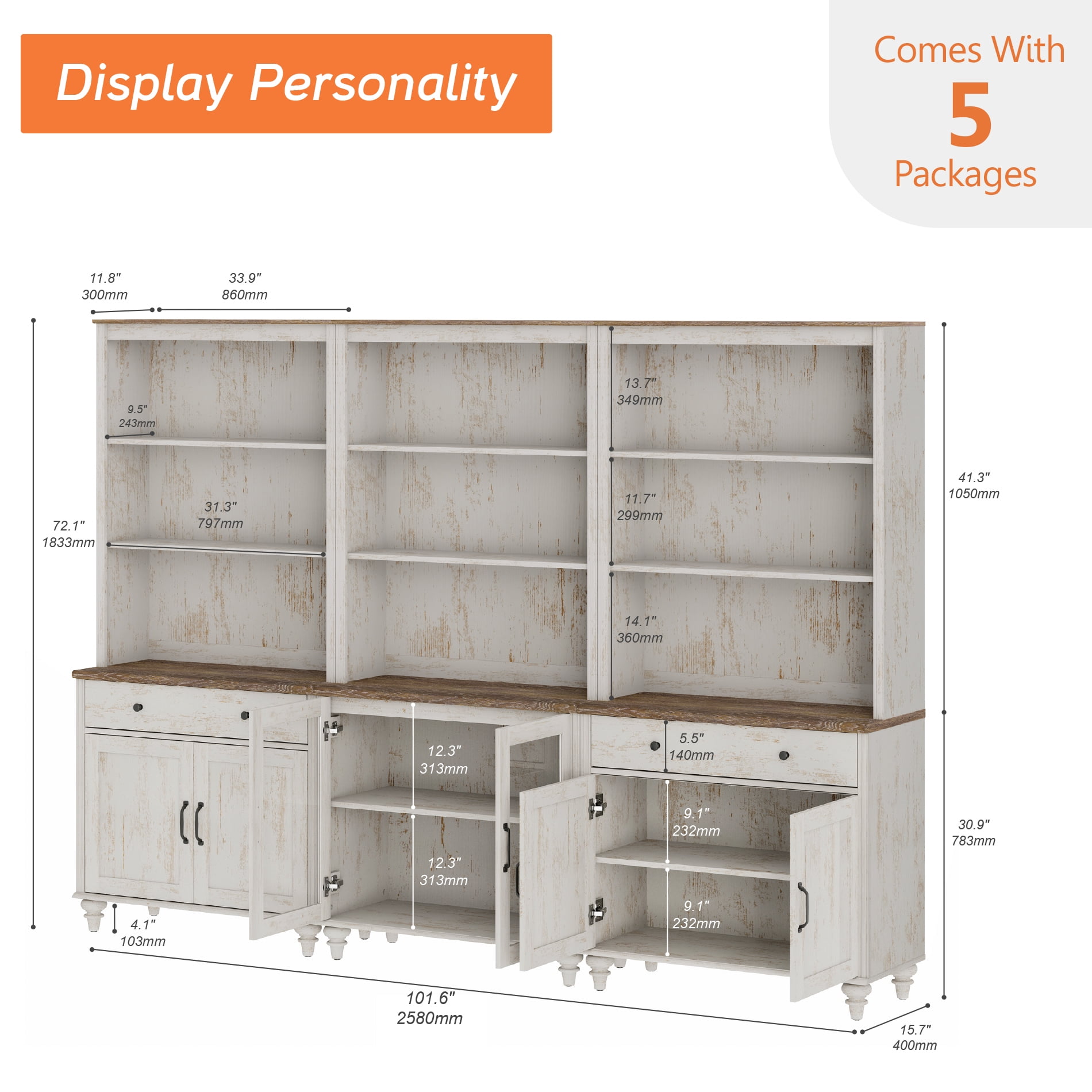 Farmhouse 5 Tier Bookcase With Doors & Drawers, Rustic White, 101.6" W