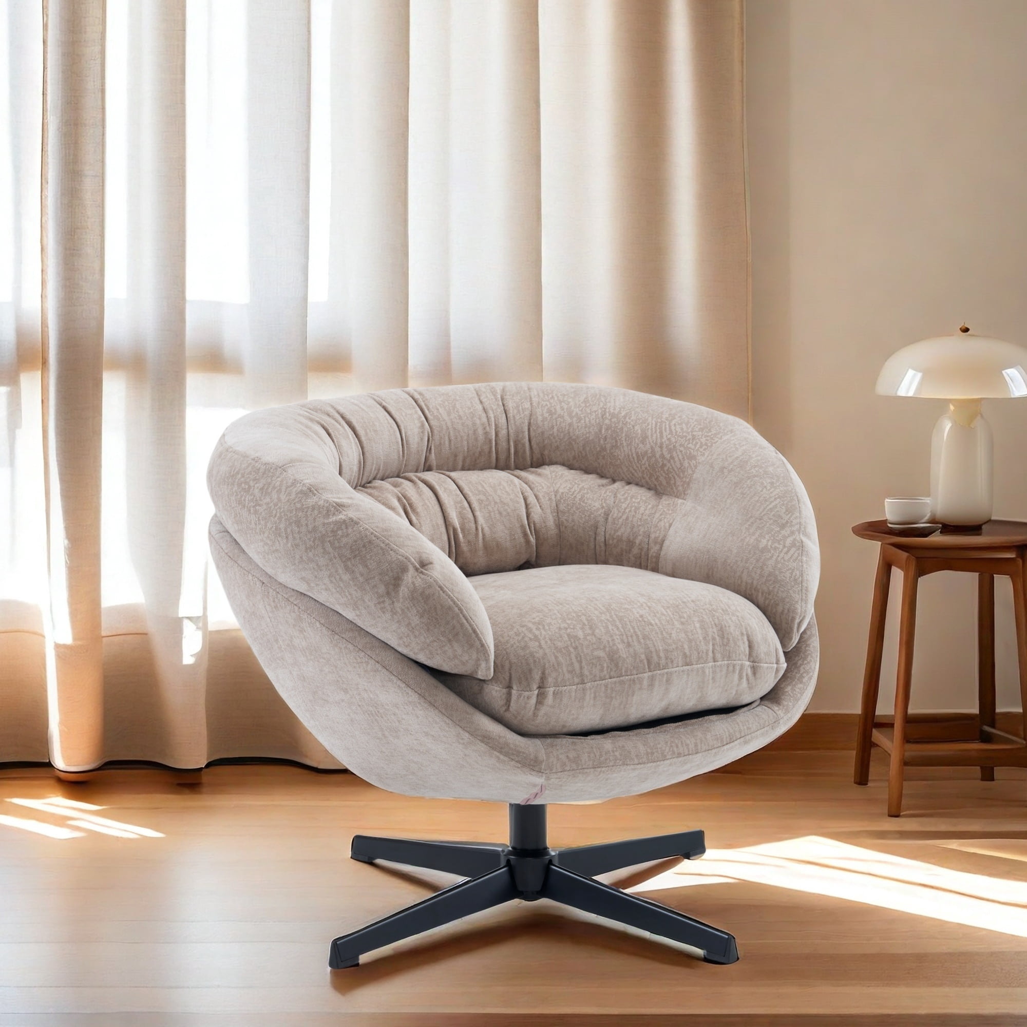 EUROCO 33" Ergonomic Chenille Swivel Chair,Cotton Accent Chair with Soft Thick Removable Cushion and Metal Base,360 Degree Swivel for Living, Bedroom, Reading Room,Brown
