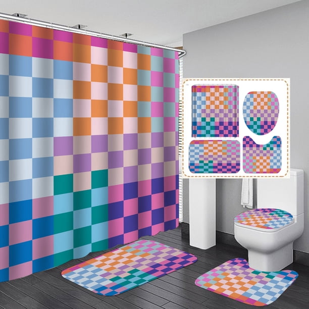 Set de decoración de baño con cortinas de ducha coloridas a cuadros de poliéster