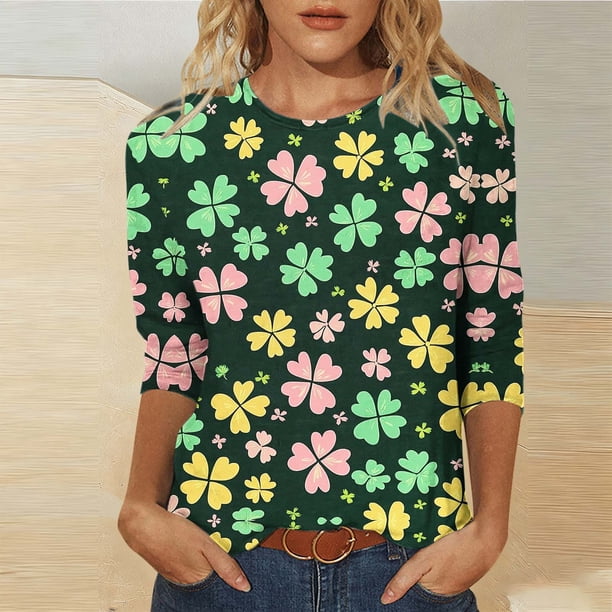 TaTaai Fashion Women's Printed Round Neck 3/4 Sleeve T-shirt Fashionable Blouse Tops Gift