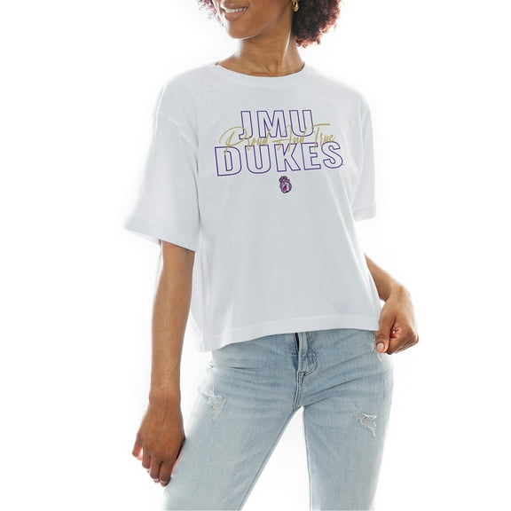 Women's Gameday Couture White James Madison Dukes Slogan Boxy Fit Cropped T-Shirt