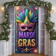 thumbnail image 3 of Colorful Feather Mardi Gras Banner Gold Fleur-de-lis Carnival Display Purple Mask Green Feather Masquerade Backdrop for Carnival Party Mardi Gras Celebration Festival Decoration, 3 of 9