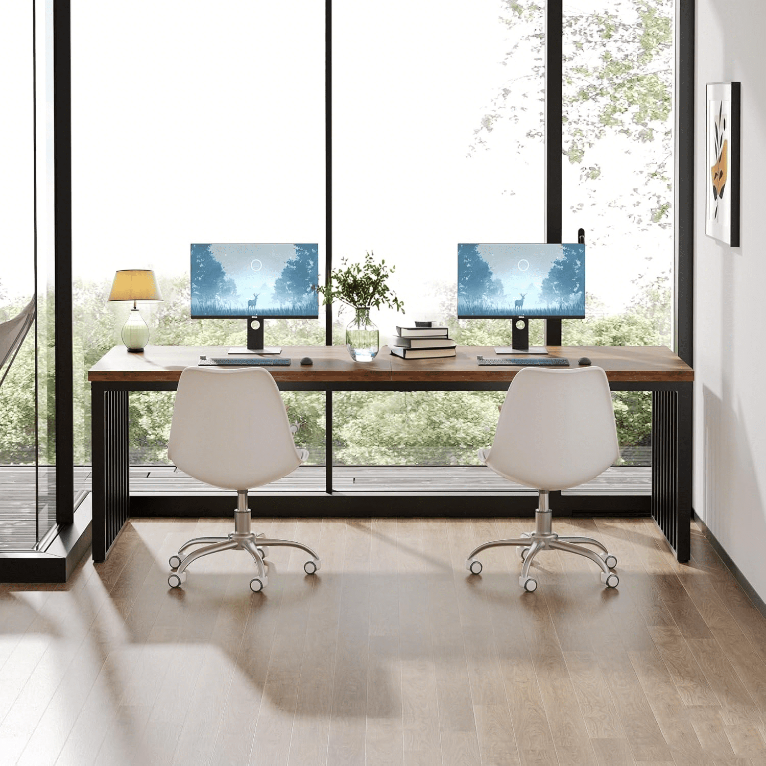 Tribesigns 78.74" Extra Long Computer Desk 2 Person Desk, Double Long Desk with Heavy Duty Metal Frame for Home Office, Brown & Black