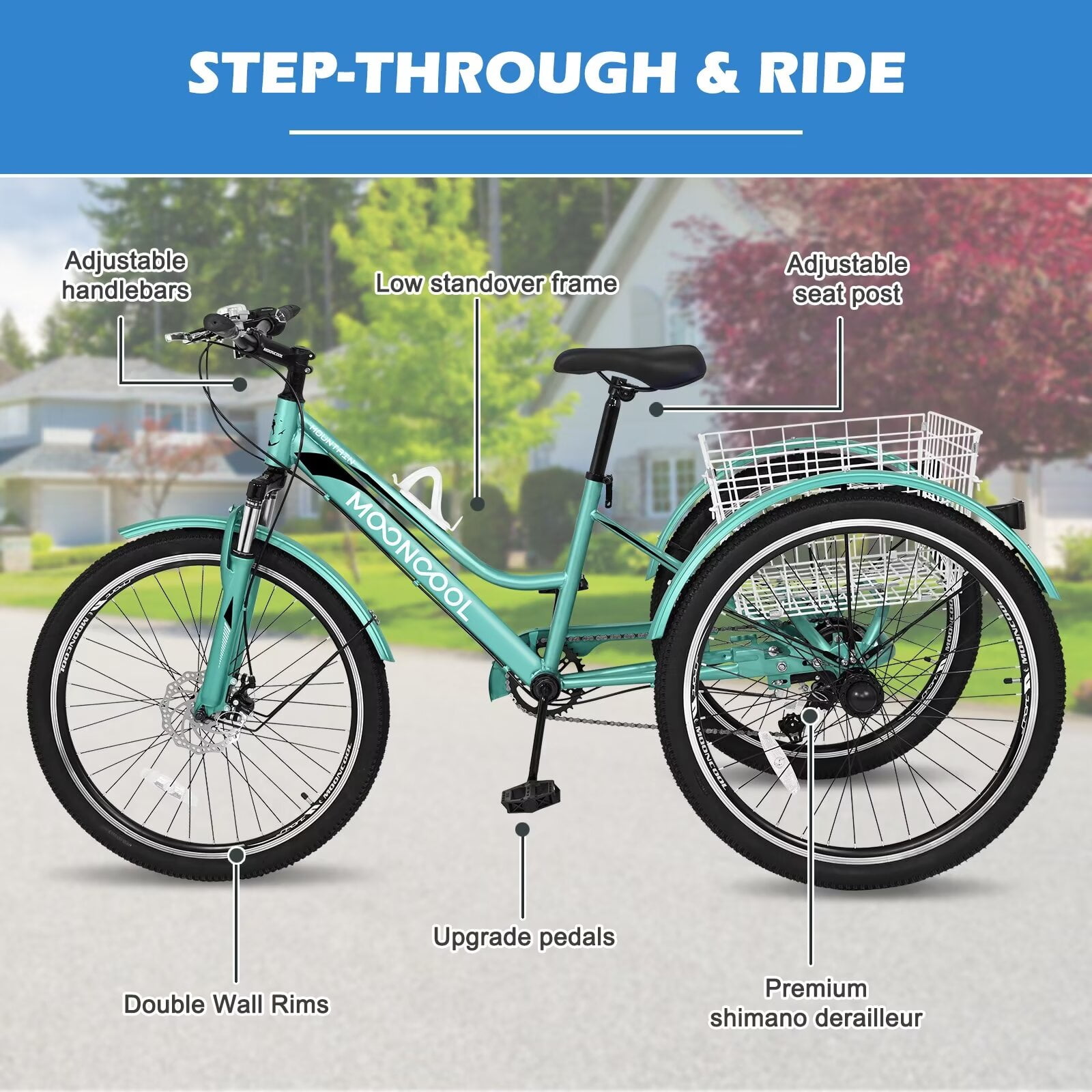 Lilypelle Mountain Tricycle for Adults, MTB 7 Speed Three Wheel Bike, 24/26/27.5 Inch Adults Trikes w/ Disc Brake & Cargo Basket for Women, Men, Seniors