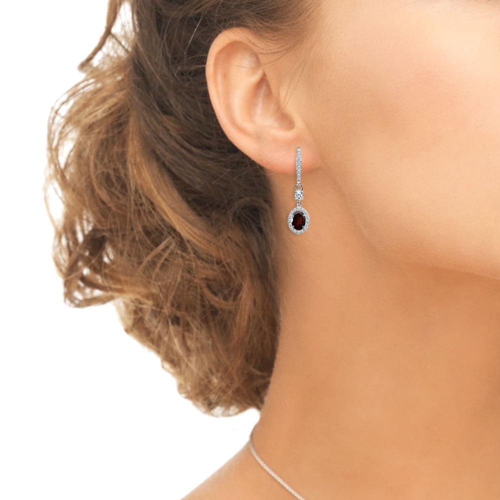 Garnet & CZ 7x5mm Oval Halo Leverback Dangle Earrings in 925 Sterling Silver