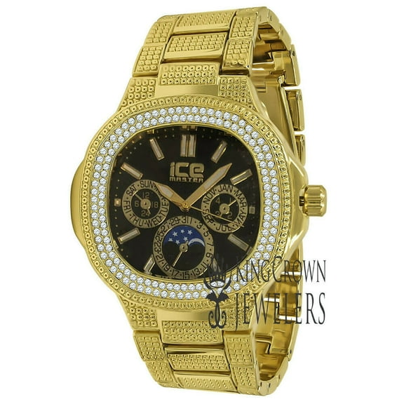 14K Gold Tone Simulated Diamond Black Face Dial Joe Rodeo Jojo Water Resistance Metal Band Watch