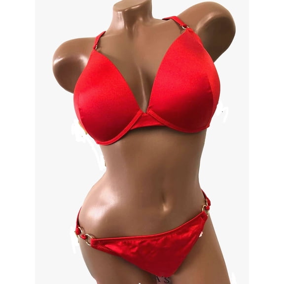 Victoria's Secret Swim 2 Piece Set Rings Strappy Back Bikini Top 36DD/XL Bottom Red NWT