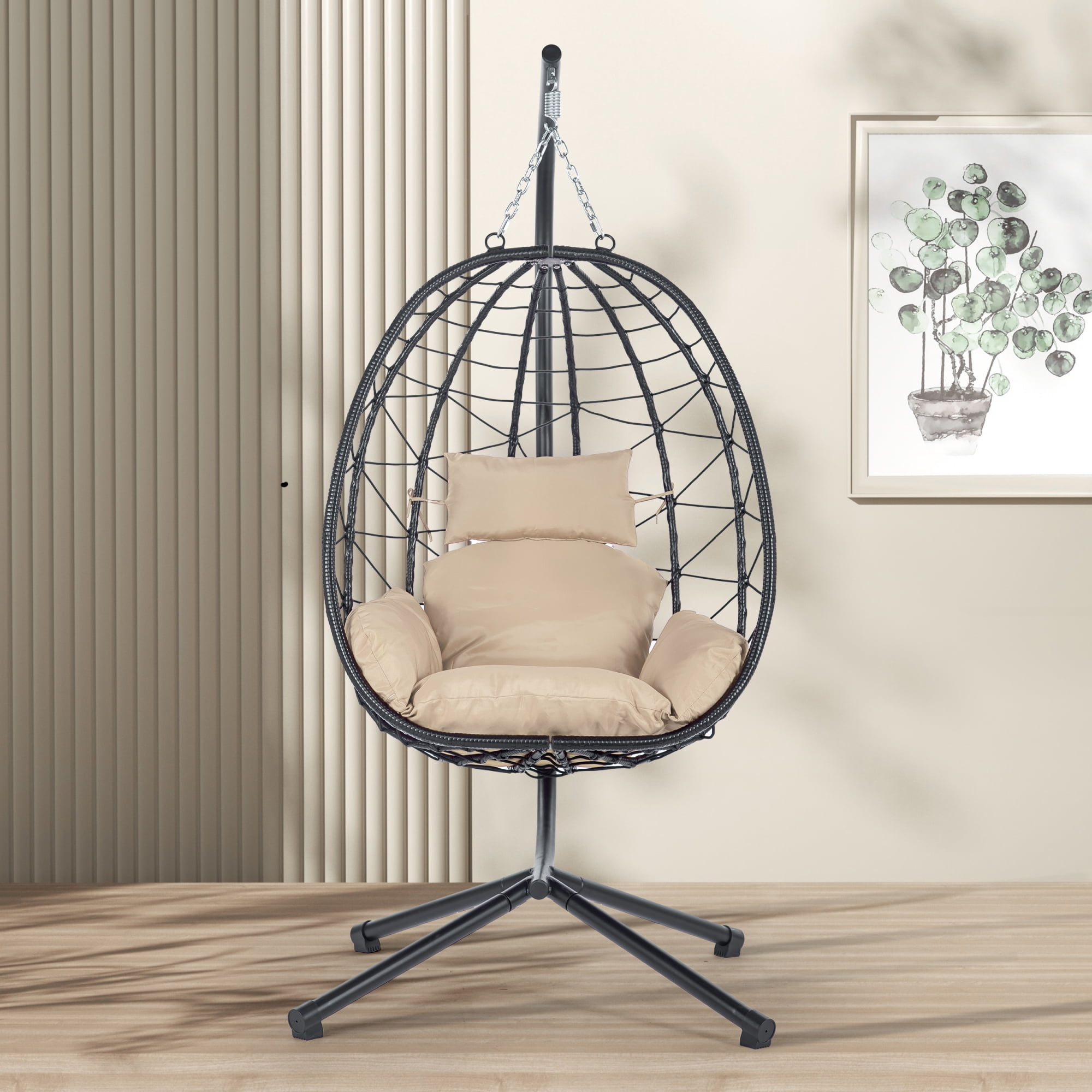 Egg Chair with Stand, Indoor Outdoor PE Wicker Hanging Egg Chair, Patio Swing Chair Basket Chair Hammock Chair with Stand for Bedroom Living Room Balcony, Beige