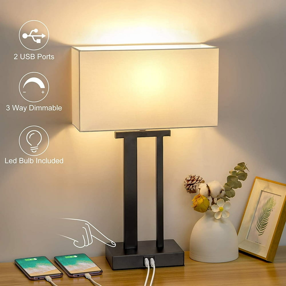 Boncoo Bedside Touch Lamp 3 Way Dimmable Nightstand Lamp with 2 USB Charging Ports Modern Side