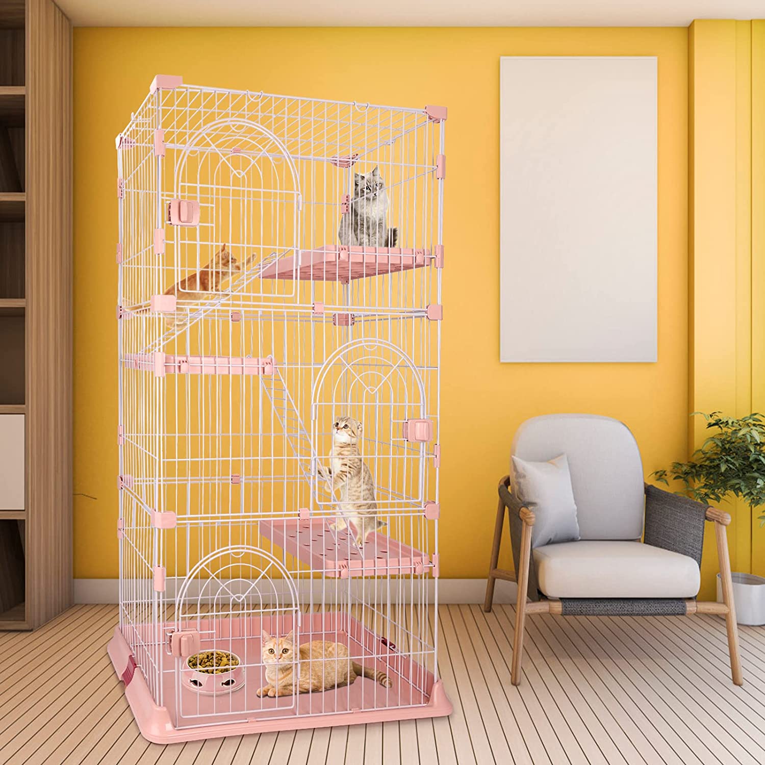 4-Tier Wire Cat Cage Playpen Kennel, 64 Inch Cat Catios Large Space for 1-3 Cats, Pink Cat Crate with 3 Platforms 3 Front Doors 2 Ramp Ladders