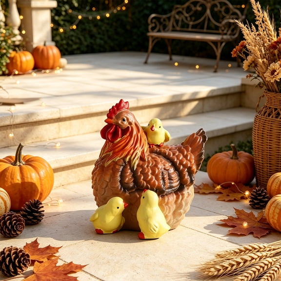 Hen And Chicks Figurine Farmhouse Mother Chicken Statue, Multicolor Plastic Rustic Animal Sculpture for Garden Yard, Indoor Tabletop and Fall Decor