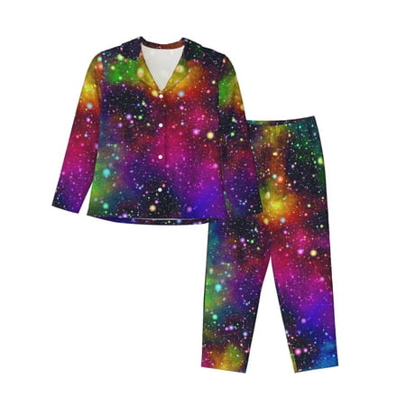 Uemuo Bright Universe Pattern Womens Pajama Sets PJ Set for Women Pajamas for Women Logo Long Sleeve Pajama Set for Women Soft Long Sleeve Top With Pants-Large