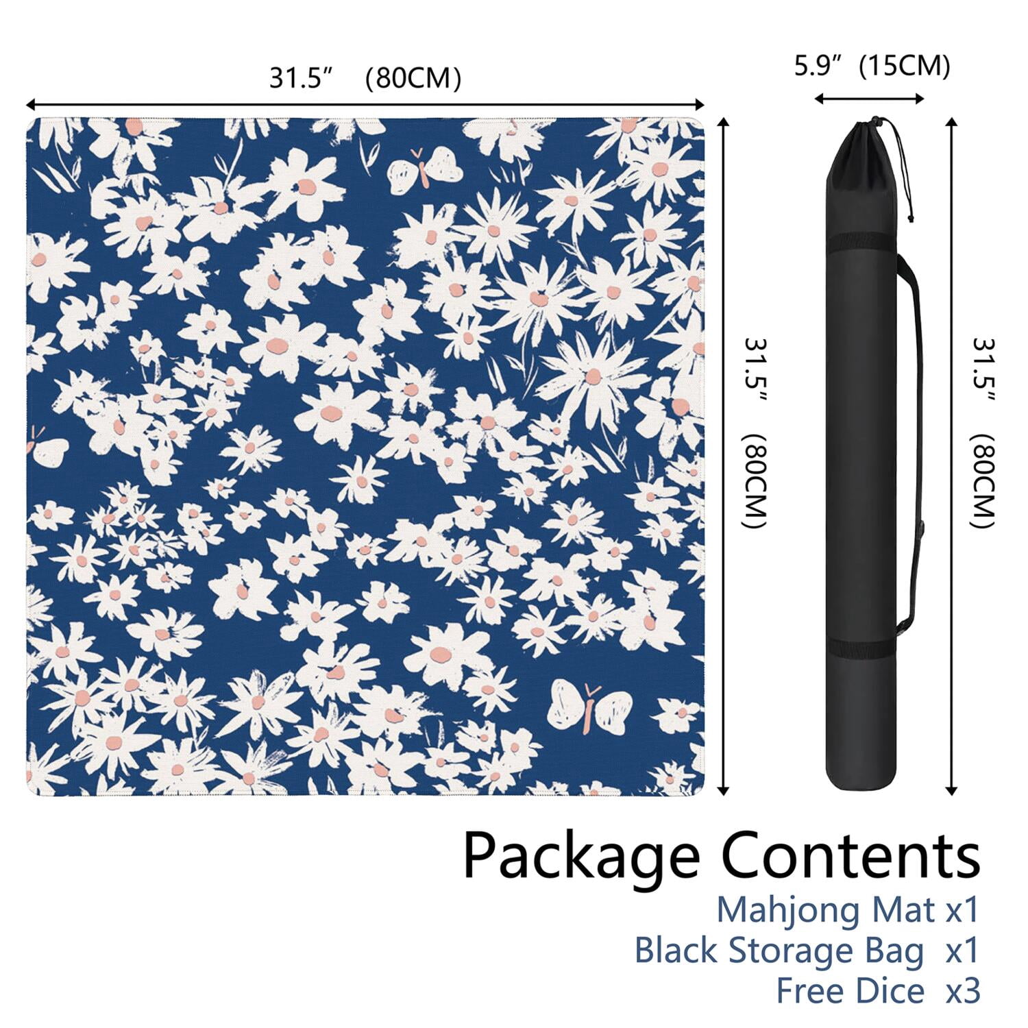 Floral Rubber Gaming Mat 31.5 Inch Square Non-Slip Table Cover for Mahjong Tiles, Poker Games and Family Board Game Nights