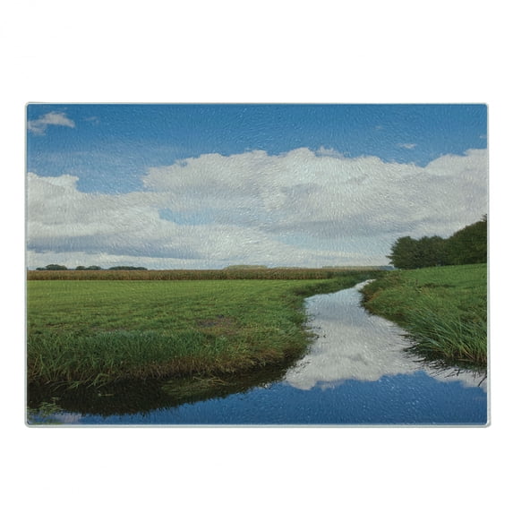 Landscape Cutting Board, Reflective Calm River Scenery Meadow Grass Clouds Wildflowers Trees Shrubs, Decorative Tempered Glass Cutting and Serving Board, Small Size, Green Blue White, by Ambesonne