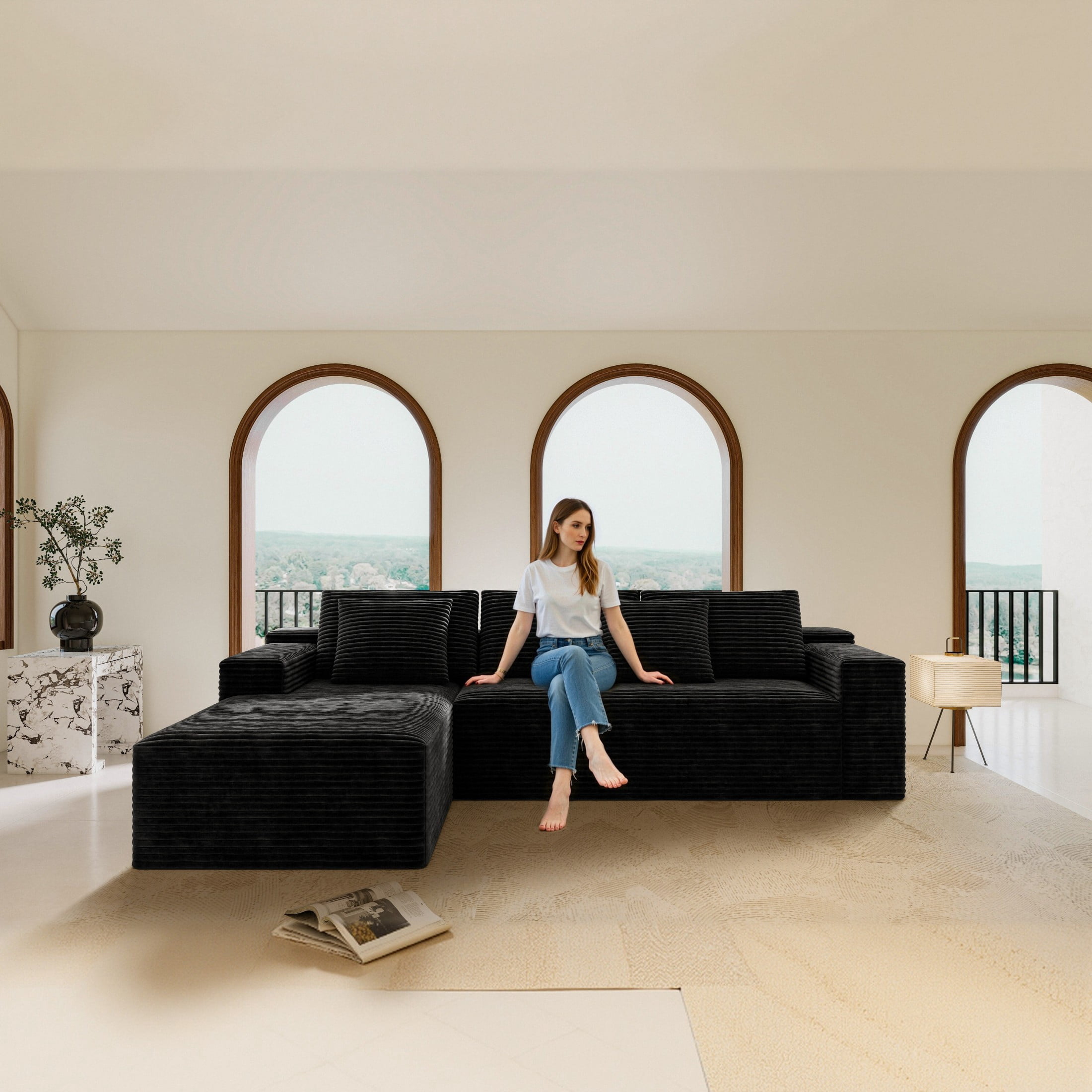 Aukfa 104" Modular Cloud Sectional Sofa with Left-Facing Chaise, Plush Corduroy Upholstered Deep Seat Couch, No Assembly Required for Living Room/Bedroom/Apartment, Black