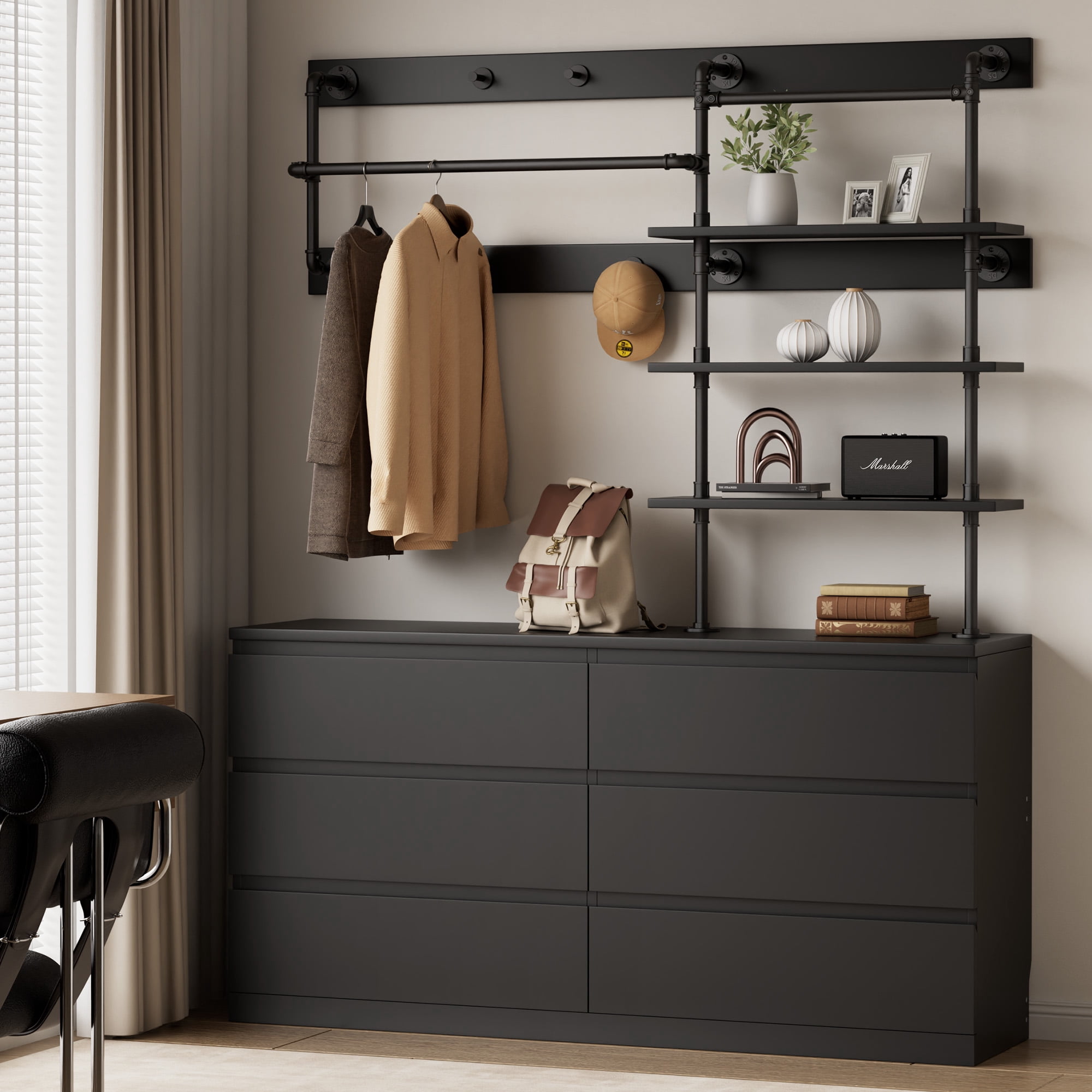 Aufeile Dresser for Bedroom, 77" Tall Dresser with 6 Drawer Chest of Drawers &Hanging Rack, Industrial Wood Dressers for Bedroom Adults, Large Closet Organizer Dresser, Black