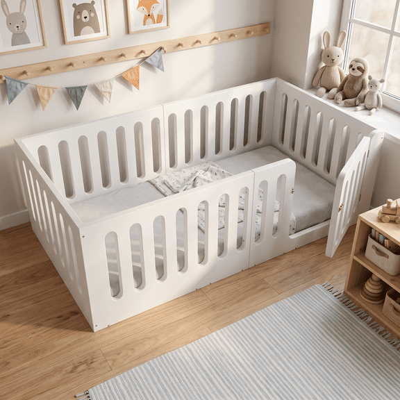 Miniyam Twin Floor Bed for Kids with Door and Guardrails, Low-Profile Wood Bed Frame, White