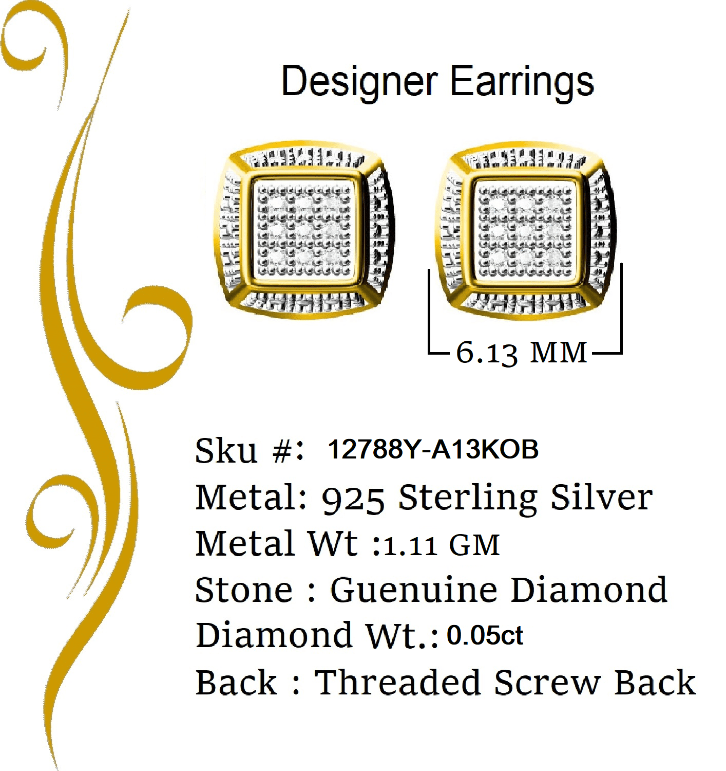King of Bling's 0.05ct Diamond Square Earrings For Women Yellow 925 Sterling Silver Stud For Men