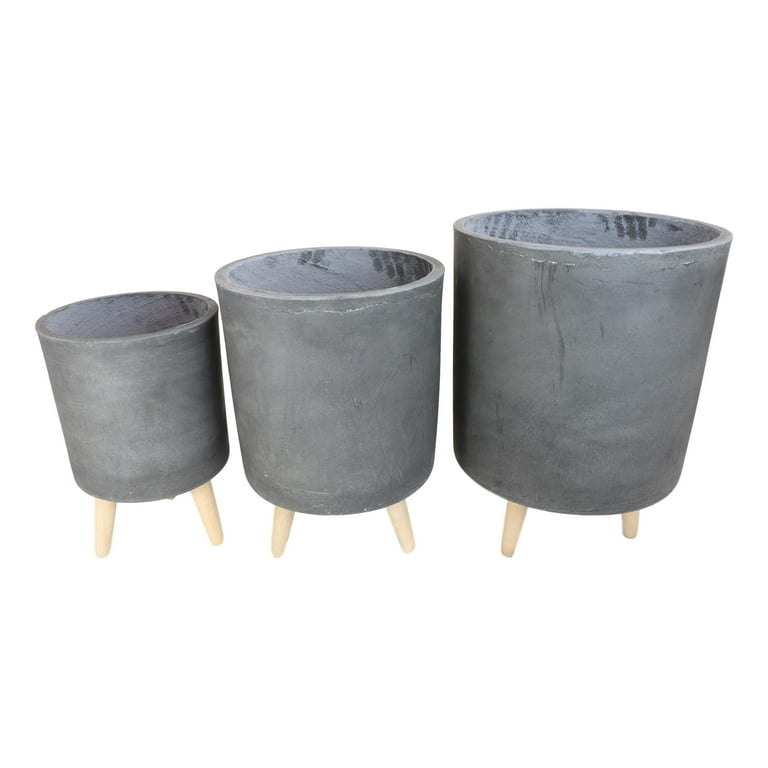 Cylinder Cement Planters on Wooden Stands, Set of 2, Terracotta Cylinder Cement Planters on Wooden Stands, Set of 2, Terracotta