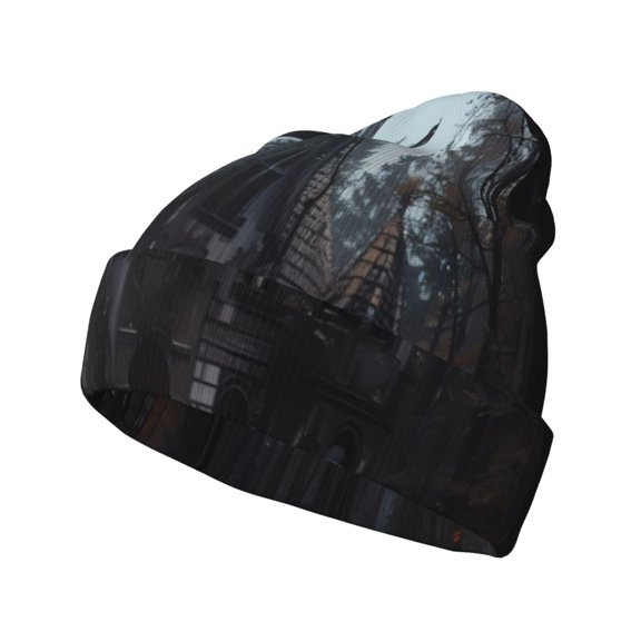 Lsque Gloomy Mansion Forest Scene Pattern Knitted Beanie, Unisex Winter Hat, Knit Hat Winter Beanies Thick Fisherman Beanies Cuffed Plain Skull Caps