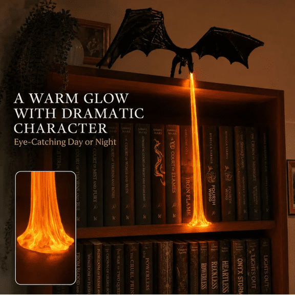 Dragon Shelf Light for Fantasy Book Lovers Detailed Black Dragon Statue with Fire Light Strip Easy Clip Mount Bookshelf Decoration Gift