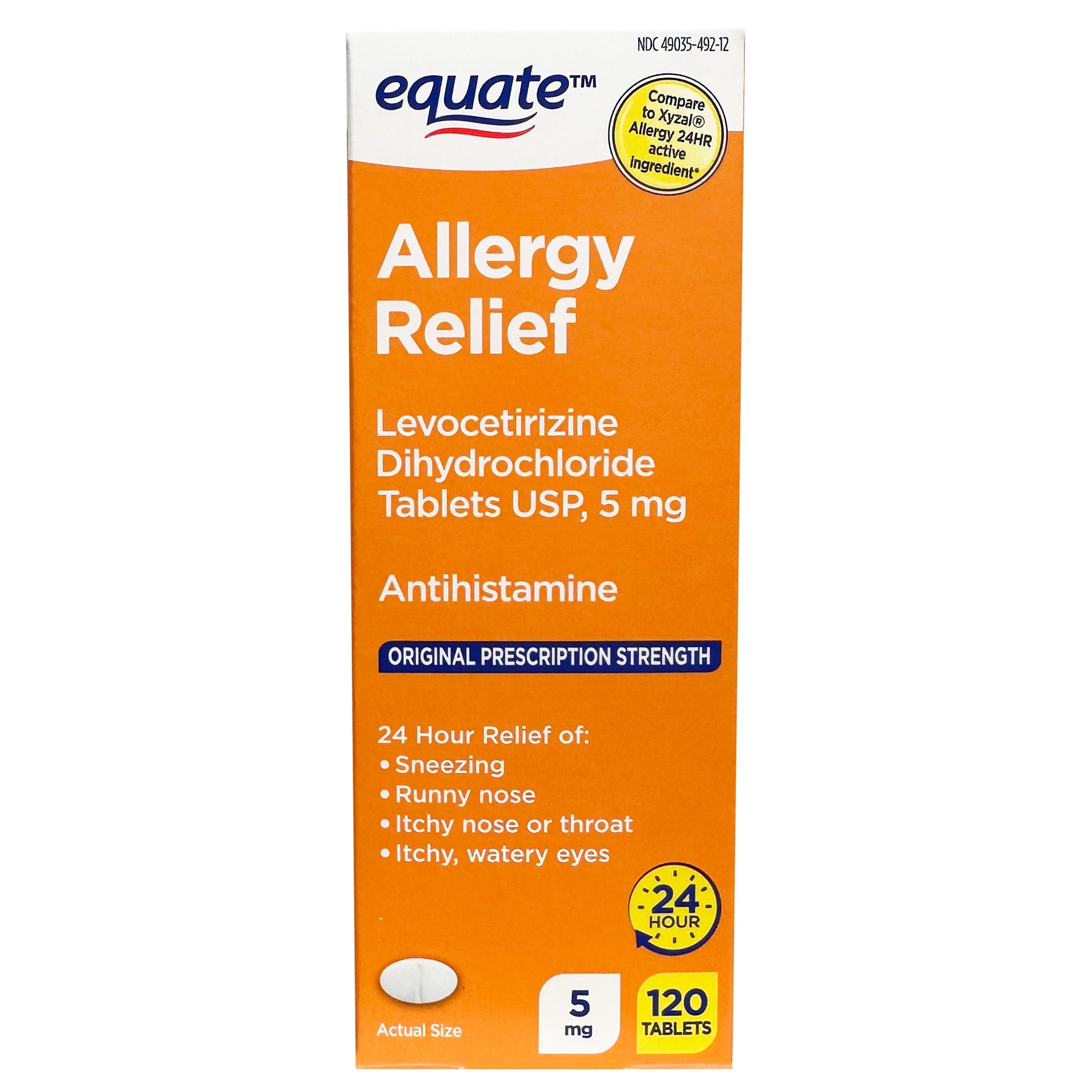 (4 pack) Equate Levocetirizine Dihydrochloride USP Allergy Relief Tablets, 5 mg, 120 Count