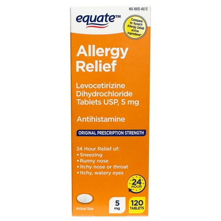 Equate Levocetirizine Dihydrochloride USP Allergy Relief Tablets, 5 mg, 120 Count