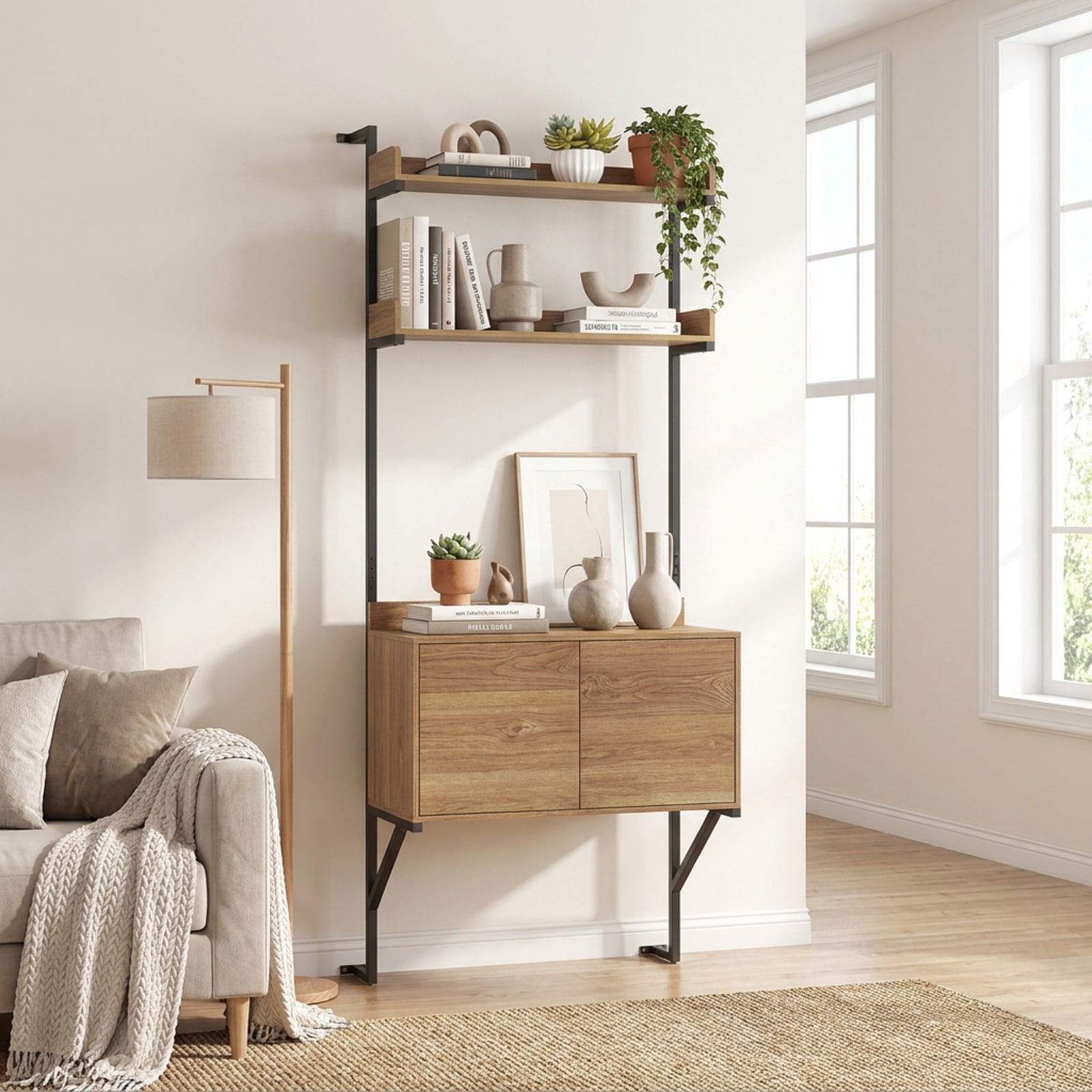 Furnibear Tall Ladder Shelf with Storage Cabinet Narrow Wall Mounted Ladder Bookcase for Living Room Home Office Bedroom Display Storage, Natural