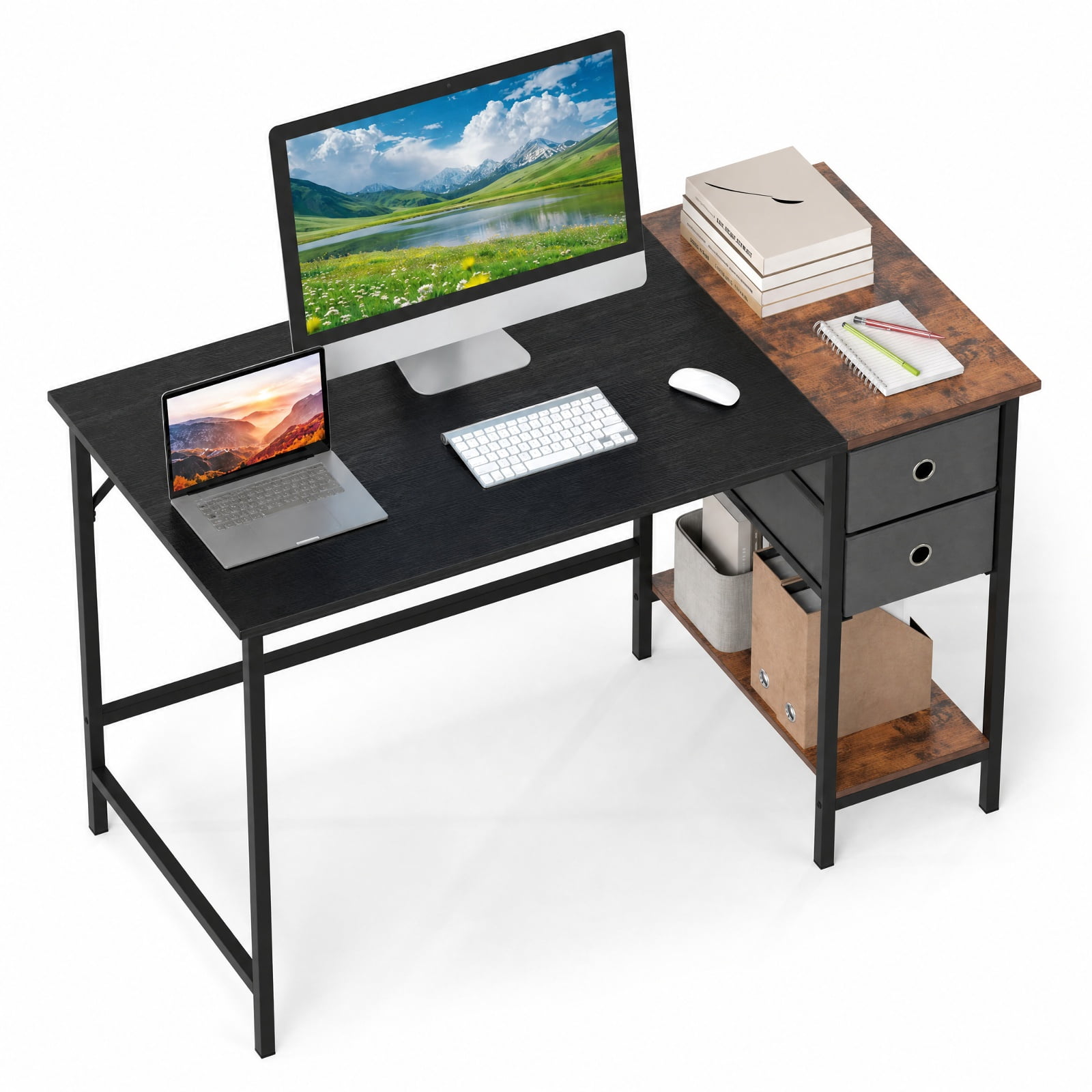Furnibear 48 Inch Computer Desk with 2 Fabric Drawers Industrial Home Office Desk for Home Office Study Computer Writing Workstation, Black