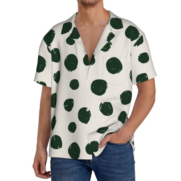 Balery Abstract Green Polka Dot Camisa Casual de Manga Corta con Botones para Hombre, Texturizada, Estilo Cubano, para Playa, Verano-X-Large