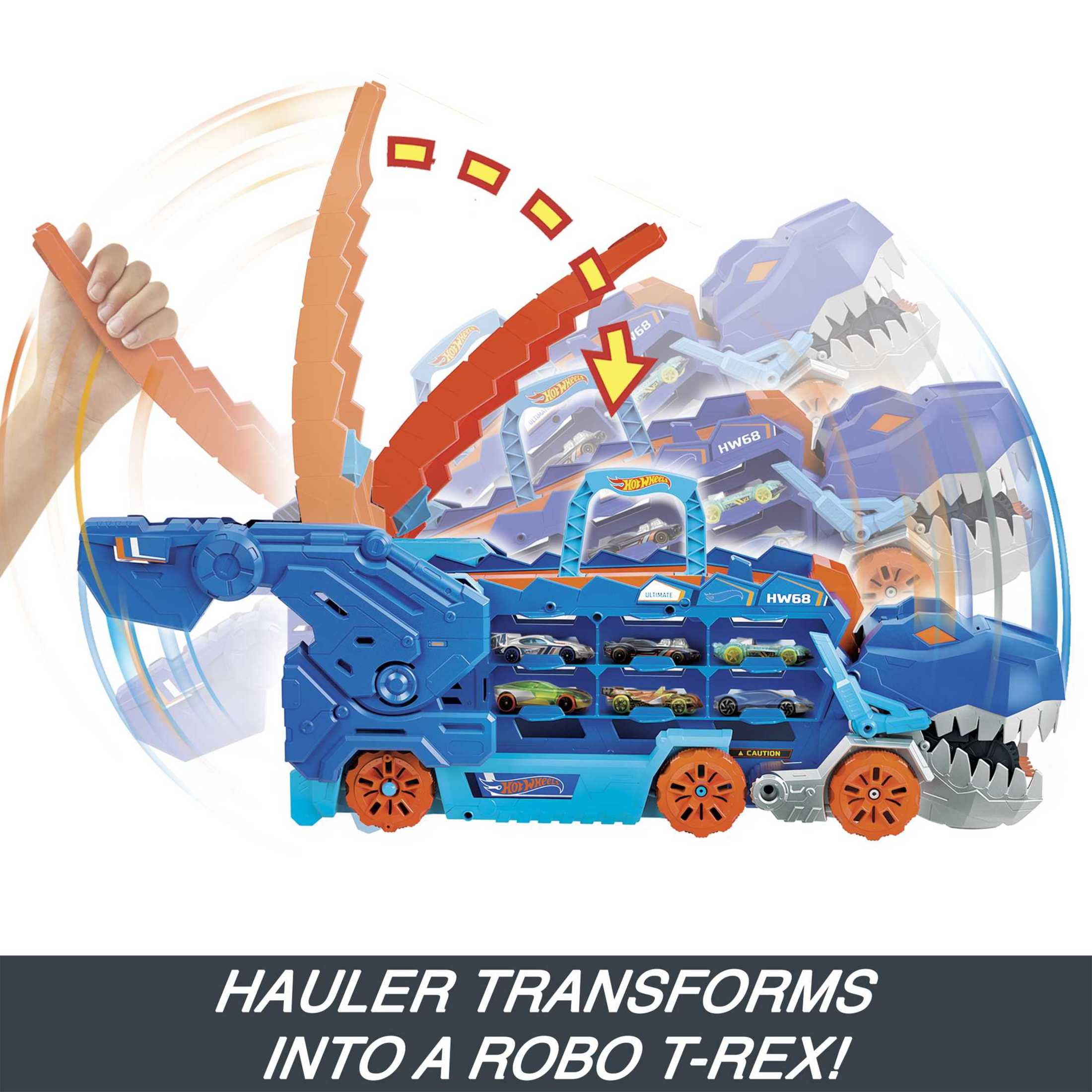 Hot Wheels City Ultimate T-Rex Transporter, Hauler Transforms into a Dino, Featured in “Let’s Race”