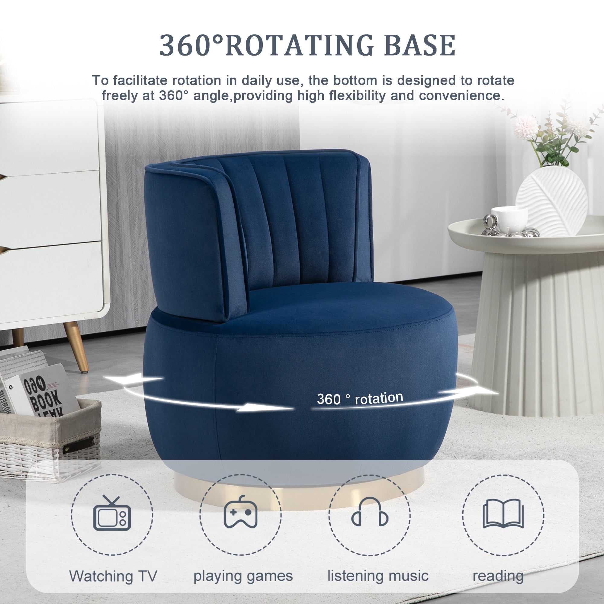 MOONMISS Velvet Upholstered 360 Degree Swivel Armless Round Barrel Chairs for Living Room-Navy Blue