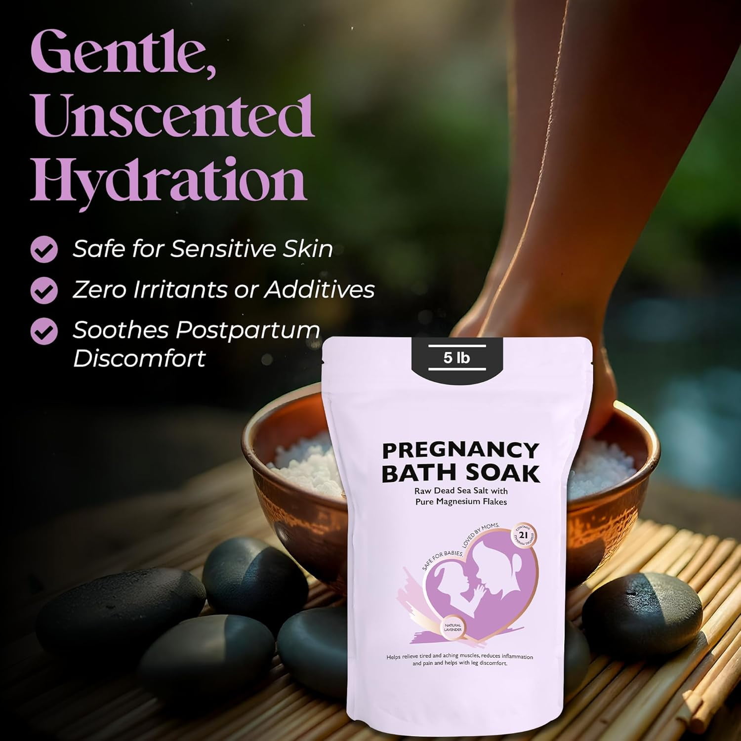 Aromasong Dead Sea Pregnancy Bath Soak with Natural Lavender & Magnesium Flakes, 5 lb | Pregnancy Safe Magnesium Bath Salts