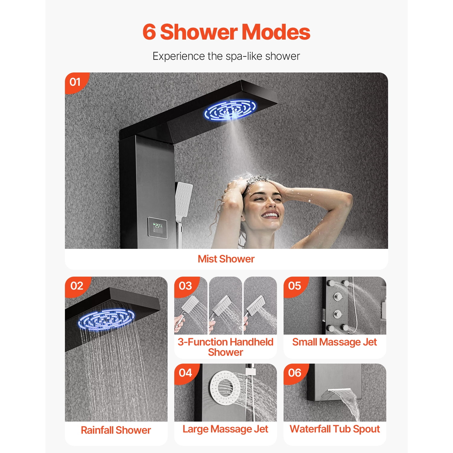 KFFKFF Shower Panel Tower System, 53 in Brushed Stainless Steel, Incorporates Rainfall Shower Head, LED, 6-Function Faucet, Wall-Installed Rain Massage System with 5 Body Jets, Handheld, Tub Spout