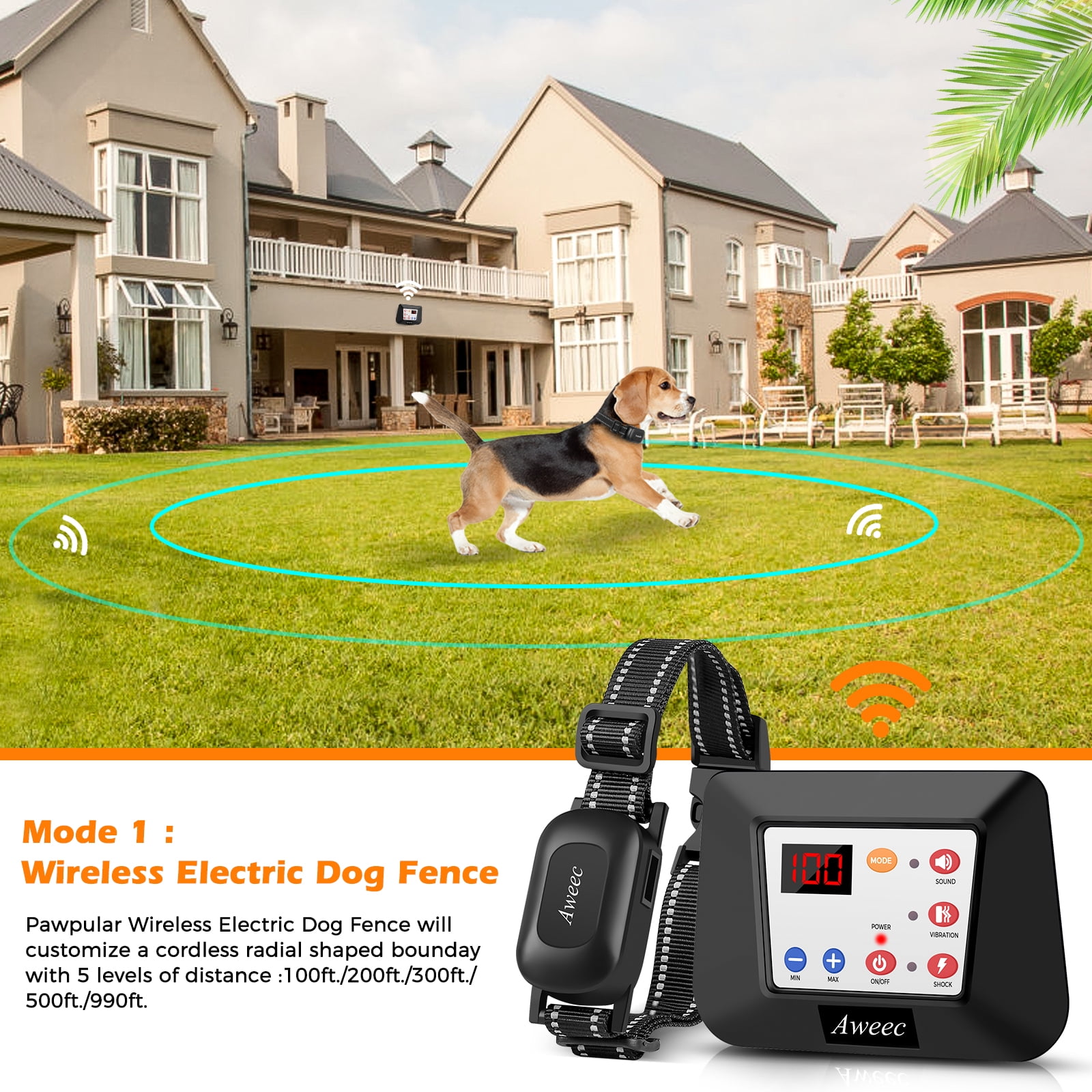 Wireless Dog Fence,2022 Electric Dog Fence & Training Collar with Remote 2-in-1,Wireless Boundary Dog Containment System,Adjustable Signal Range 100-990ft,Waterproof Dog Training Collar