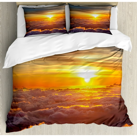 Clouds Duvet Cover Set, Sunset Scenery over the Clouds Imaginary Secret Weather Lands Natural Wonders on Earth, Decorative 3 Piece Bedding Set with 2 Pillow Shams, Calking Size, Orange, by Ambesonne