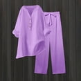 thumbnail image 2 of JFGHDG Linen Sets for Women 2 Piece Half Sleeve Henley Embroidered Tops Flowy Summer Palazzo Pants Sets Matching Lounge Set Purple XL, 2 of 7