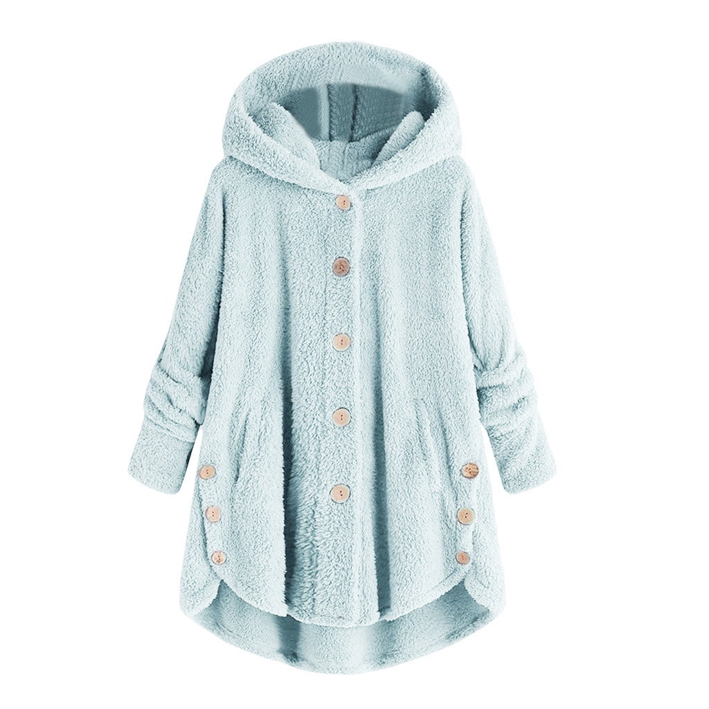 Fashion Women Button Coat Fluffy Tail Tops Hooded Pullover Loose Sweater 