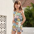 thumbnail image 3 of ZIATUBLES Cartoon Cat Print Girls Summer Playsuit Button Front One-Piece Short Jumpsuit Ruffle Trim Big Kids Casual Romper with Pockets for 13-14 Y, 3 of 6