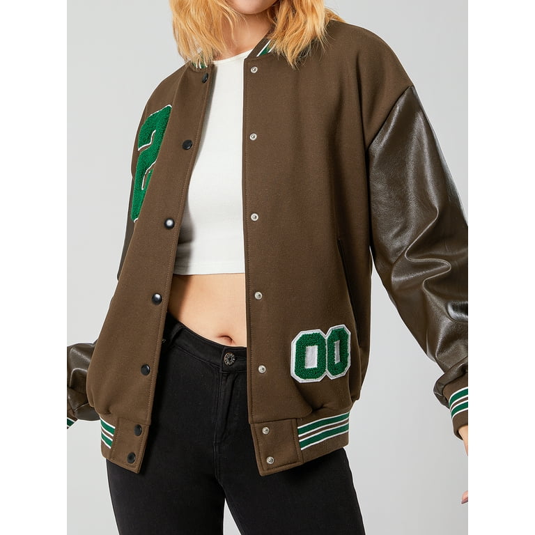  Women Casual Loose Letter Embroidery Baseball Jacket Long  Sleeve Color Block Classic Bomber Jacket Aesthetic Coat (Green, M) :  Clothing, Shoes & Jewelry