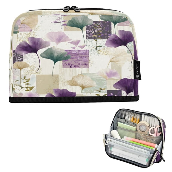 Standing Pencil Case with Base Large Capacity Stationery Pouch Pen Bag with Zipper for Women Men Ginkgo Leaves and Petals