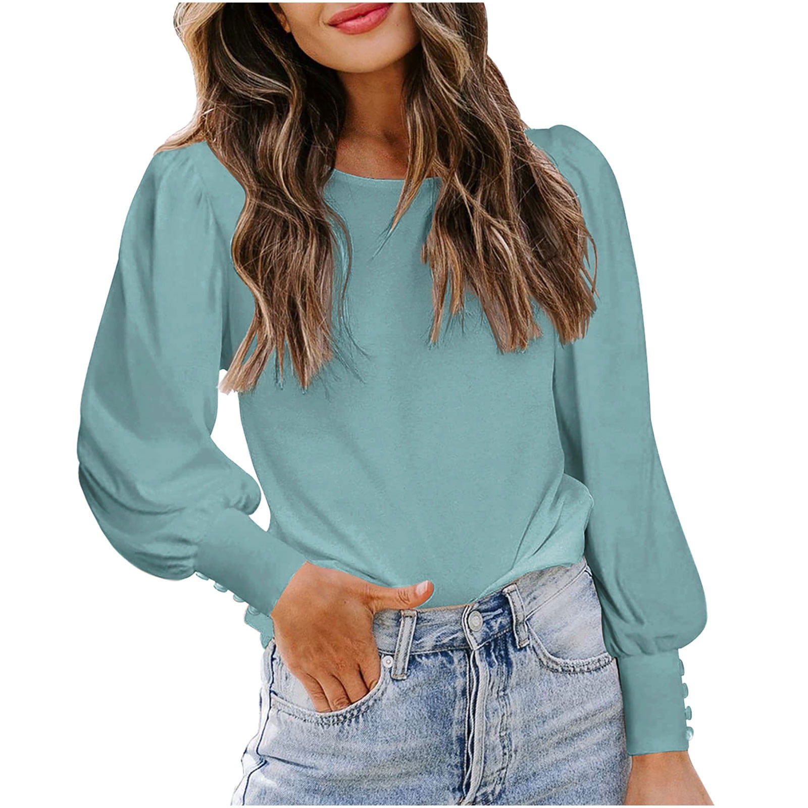 Going Out Shirts for Women Spring Round Neck Solid Color Puff Sleeve Button  Long Sleeve Loose Casual Tops,Light Blue,XXL - Walmart.com