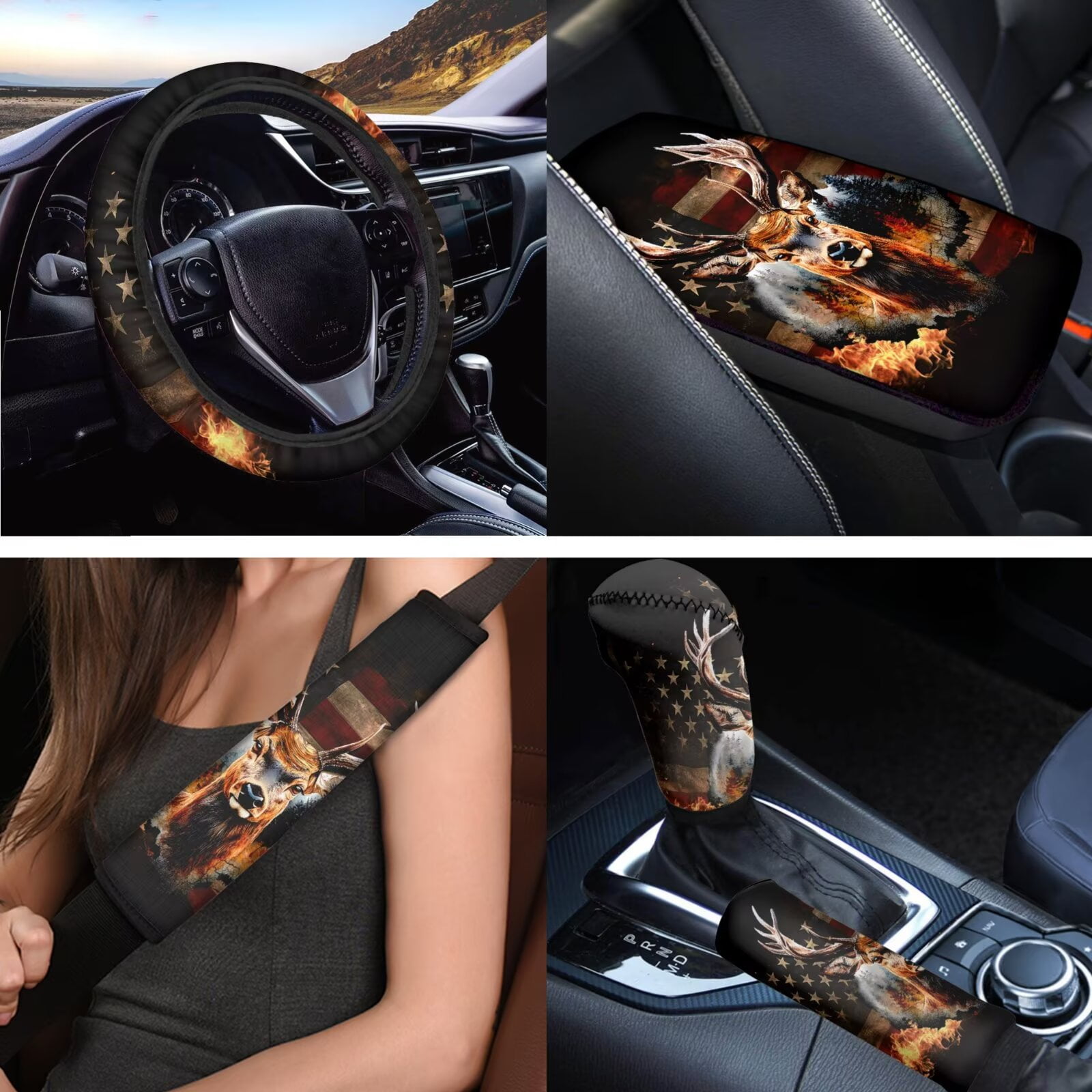 Uorisanigo American Flag Deer Front and Back Seat Covers with Seatbelt Shoulder Pad Center Console Cover Steering Wheel Wrap Headrest & Gear Shift & Handbrake Covers Coasters Keychain,18 Pieces