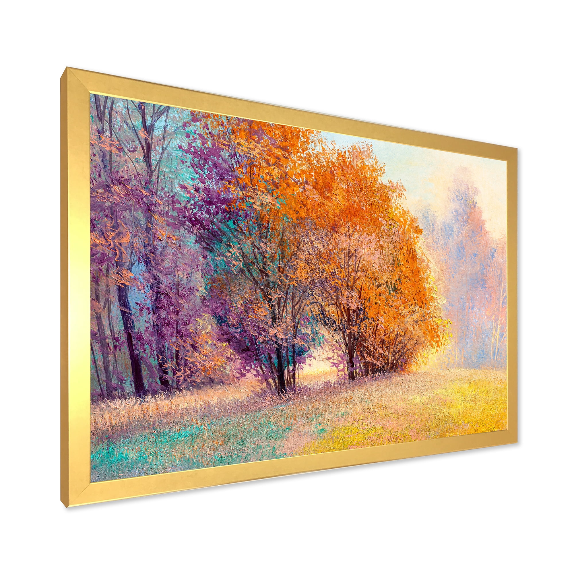Designart 'Autumn Forest Orange Leaves Landscape' Lake House Framed Art Print