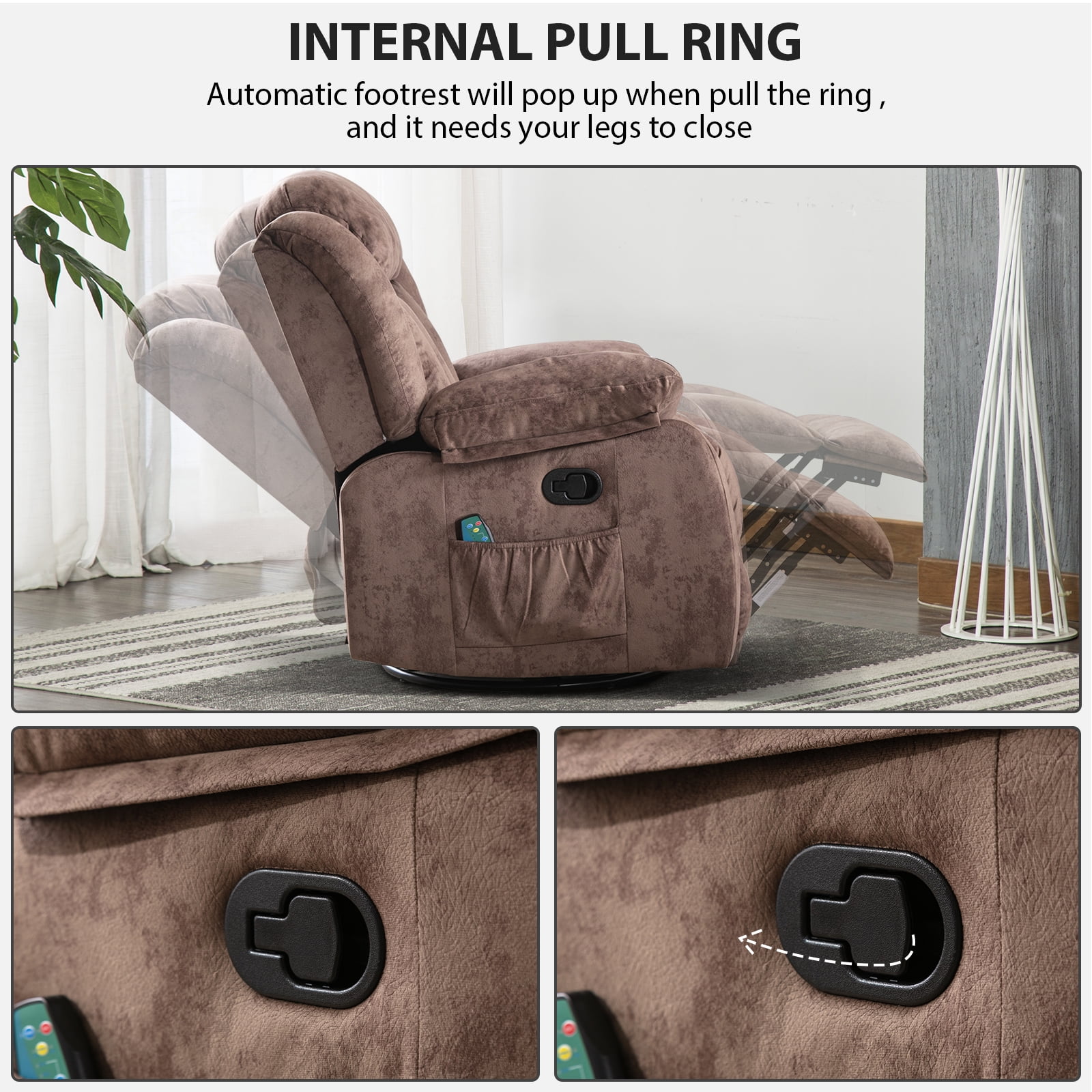Bonzy Home Massage Swivel Recliner Chair with Heat and Vibration Manual Rocker Recliner Fabric Single Sofa, Brown