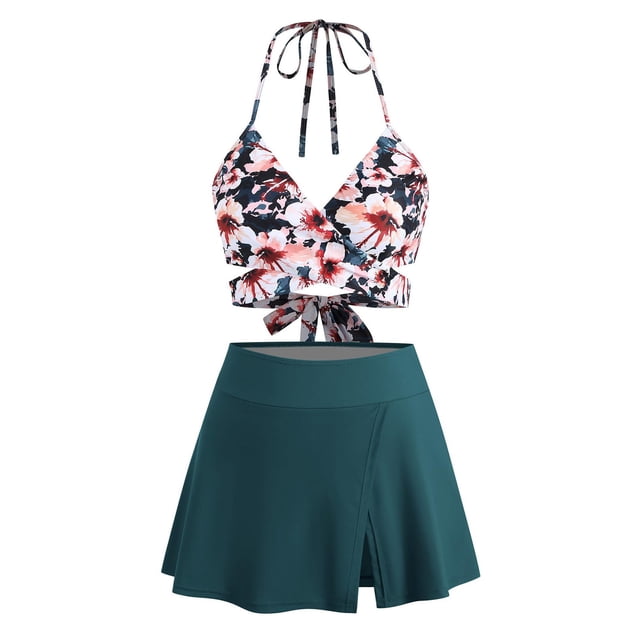 Trajes de baño tankini para mujer Traje de baño dividido con falda de cintura alta a juego de color para mujer Traje de baño de dos piezas para mujer