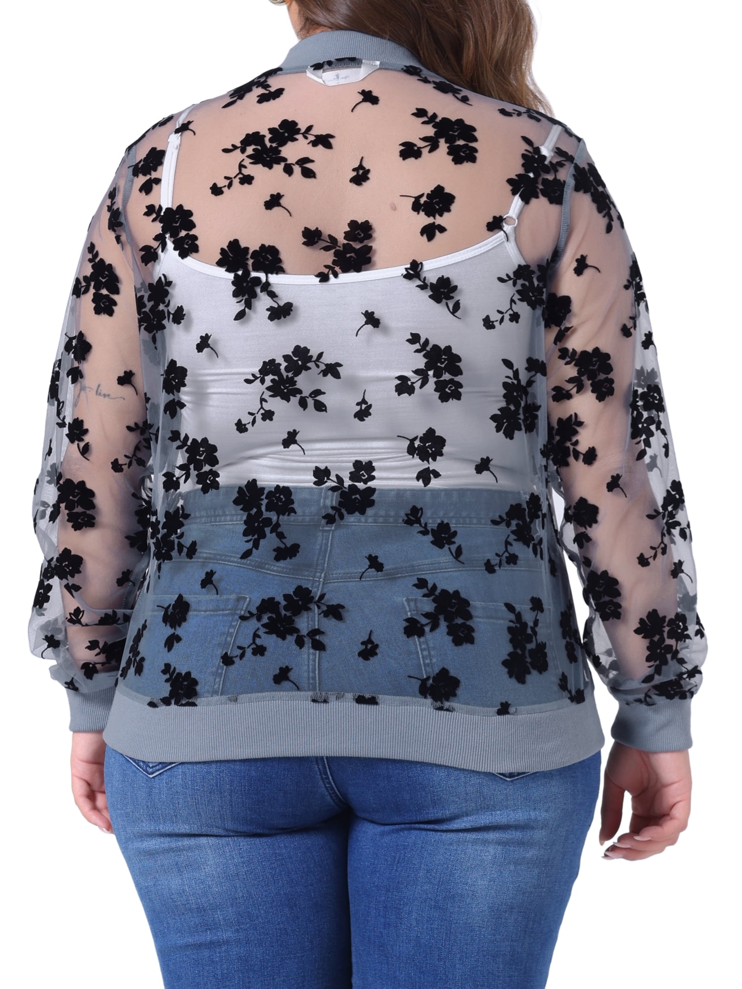 DARING DIVA Plus Size Mesh Sheer Floral Long Sleeve Bomber Jacket 1X Gray Blue